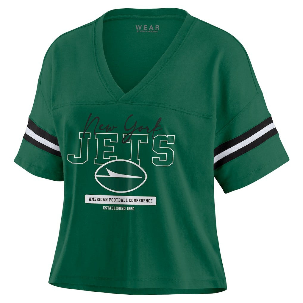 New York Jets WEAR by Erin Andrews Women's Color Block Boxy Modest Crop V-Neck T-Shirt | NFL Online