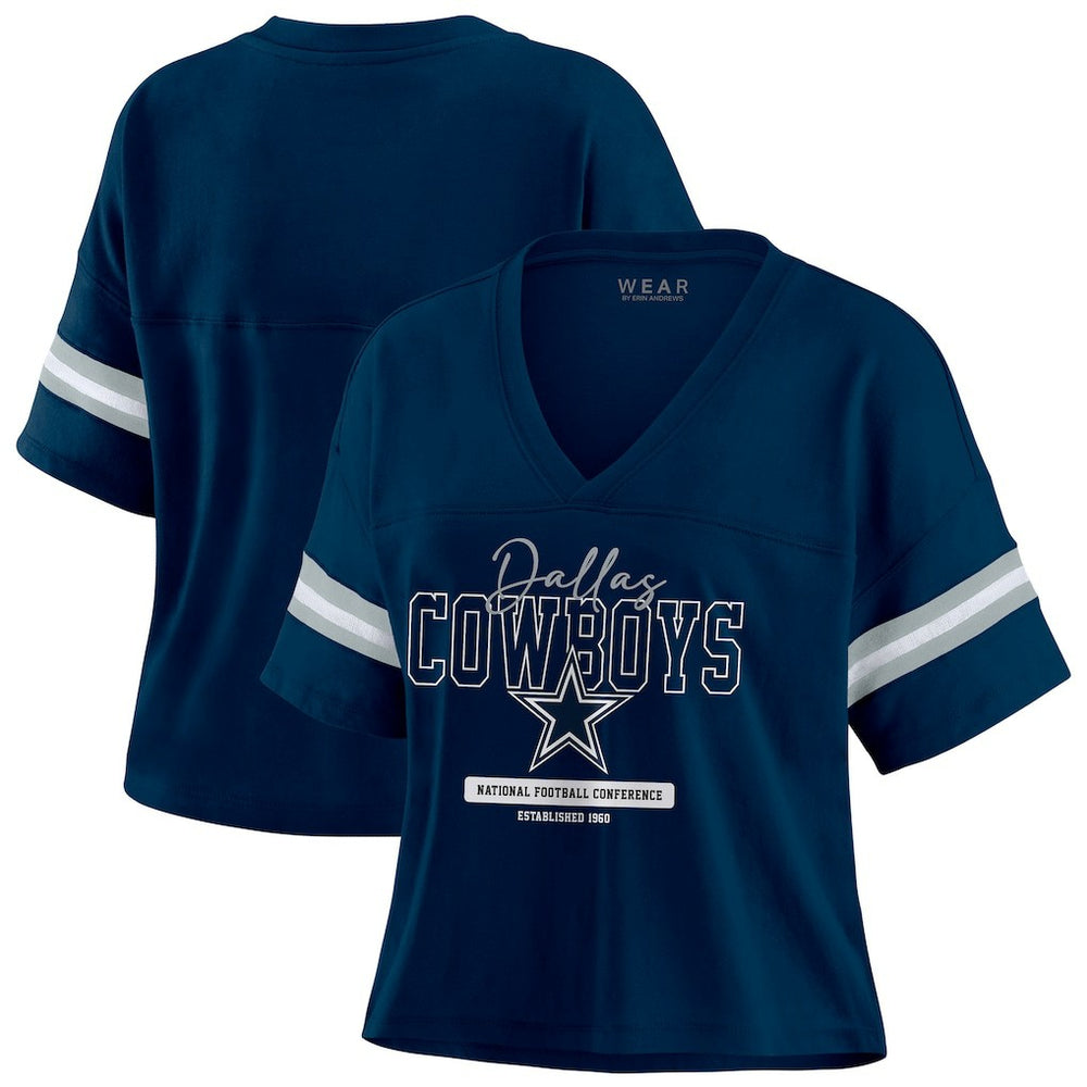 Dallas Cowboys WEAR by Erin Andrews Women's Color Block Boxy Modest Crop V-Neck T-Shirt | NFL Outlet