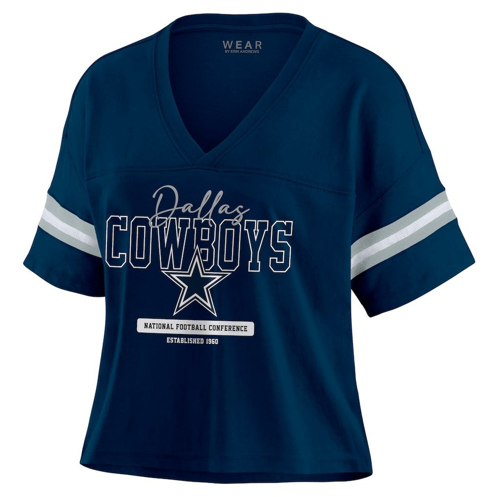 Dallas Cowboys WEAR by Erin Andrews Women's Color Block Boxy Modest Crop V-Neck T-Shirt | NFL Outlet
