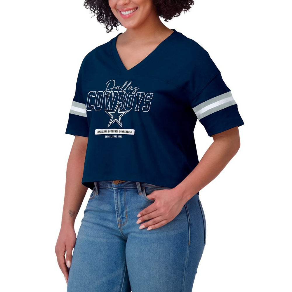 Dallas Cowboys WEAR by Erin Andrews Women's Color Block Boxy Modest Crop V-Neck T-Shirt | NFL Outlet