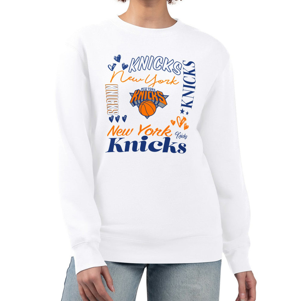 White New York Knicks G-III 4Her by Carl Banks Women's Collage Team Graphic Fleece Pullover Sweatshirt | NBA