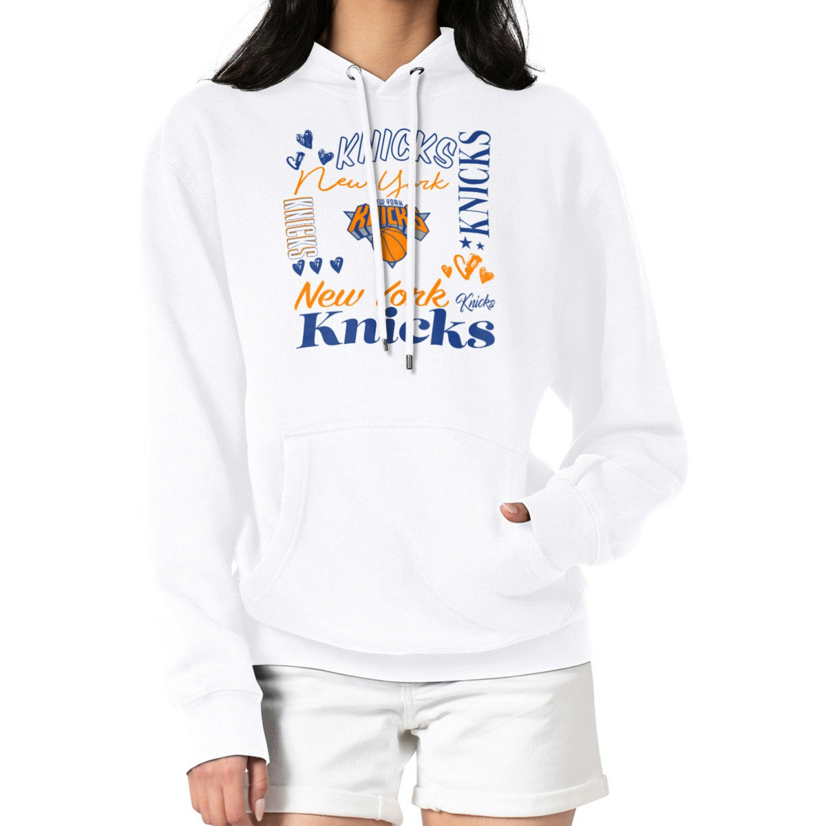 White New York Knicks G-III 4Her by Carl Banks Women's Team Collage Graphic Fleece Pullover Hoodie | NBA
