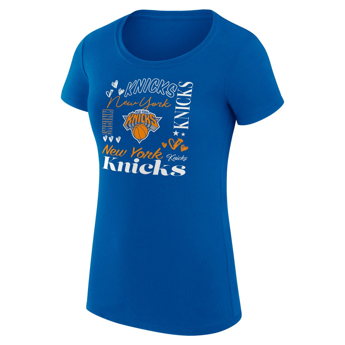 Blue New York Knicks G-III 4Her by Carl Banks Women's Super-Slim Fit Lightweight Team Name Collage Graphic T-Shirt | NBA