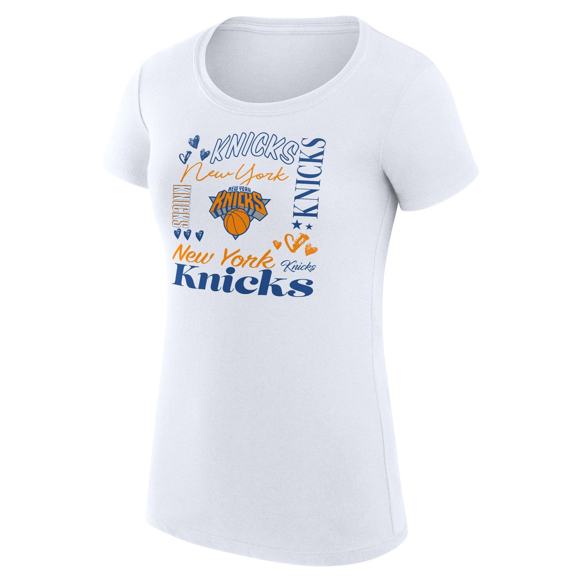 White New York Knicks G-III 4Her by Carl Banks Women's Super-Slim Fit Lightweight Team Name Collage Graphic T-Shirt | NBA