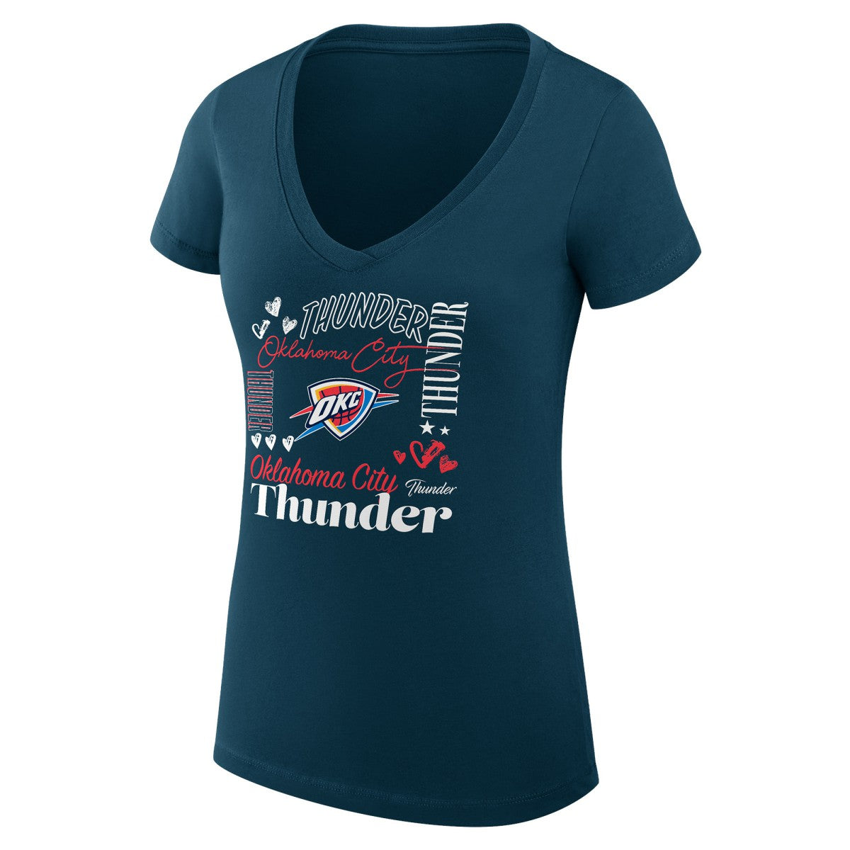 Navy Oklahoma City Thunder G-III 4Her by Carl Banks Women's Super-Slim Fit Lightweight Team Name Collage Graphic V-Neck T-Shirt | NBA