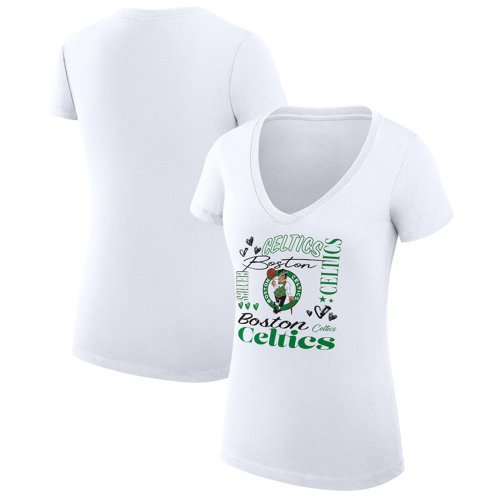 White Boston Celtics G-III 4Her by Carl Banks Women's Super-Slim Fit Lightweight Team Name Collage Graphic V-Neck T-Shirt | NBA