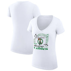 White Boston Celtics G-III 4Her by Carl Banks Women's Super-Slim Fit Lightweight Team Name Collage Graphic V-Neck T-Shirt | NBA