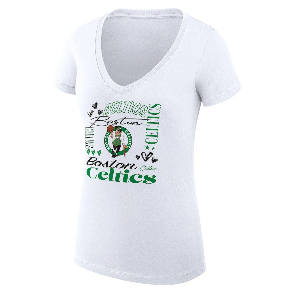 White Boston Celtics G-III 4Her by Carl Banks Women's Super-Slim Fit Lightweight Team Name Collage Graphic V-Neck T-Shirt | NBA