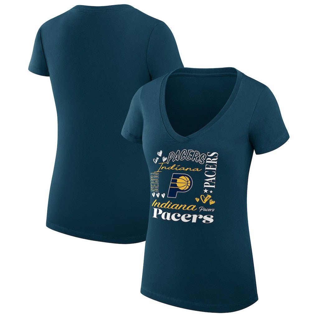 Navy Indiana Pacers G-III 4Her by Carl Banks Women's Super-Slim Fit Lightweight Team Name Collage Graphic V-Neck T-Shirt | NBA