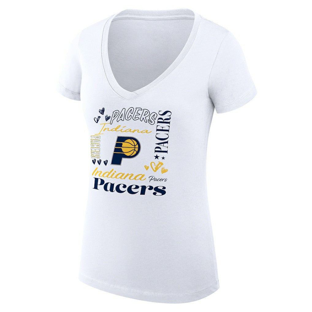 White Indiana Pacers G-III 4Her by Carl Banks Women's Super-Slim Fit Lightweight Team Name Collage Graphic V-Neck T-Shirt | NBA