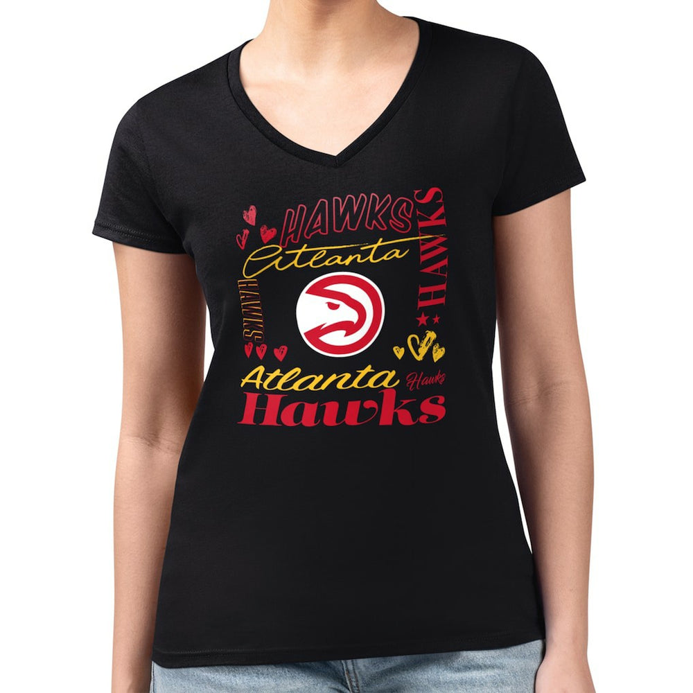 Black Atlanta Hawks G-III 4Her by Carl Banks Women's Super-Slim Fit Lightweight Team Name Collage Graphic V-Neck T-Shirt | NBA