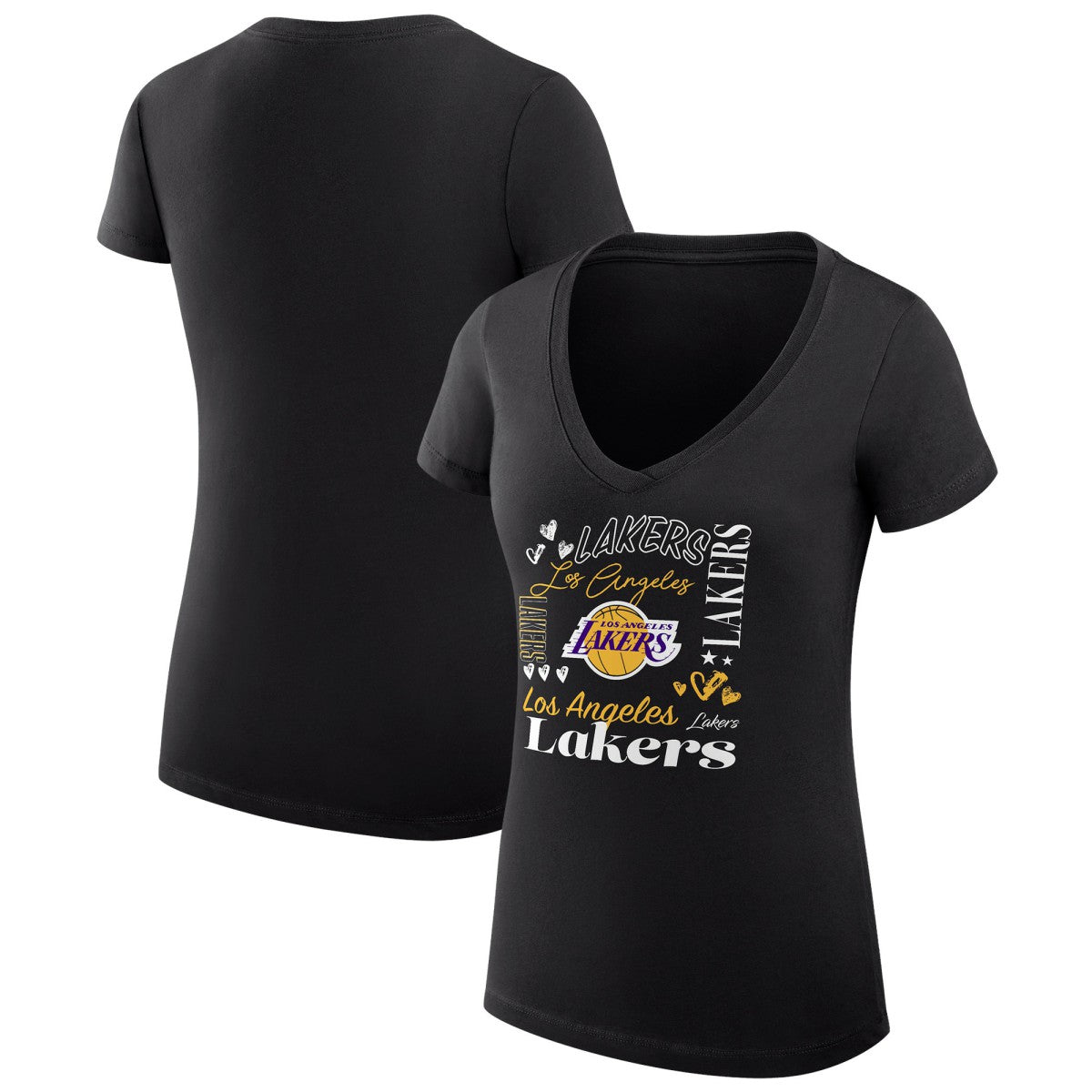 Black Los Angeles Lakers G-III 4Her by Carl Banks Women's Super-Slim Fit Lightweight Team Name Collage Graphic V-Neck T-Shirt | NBA