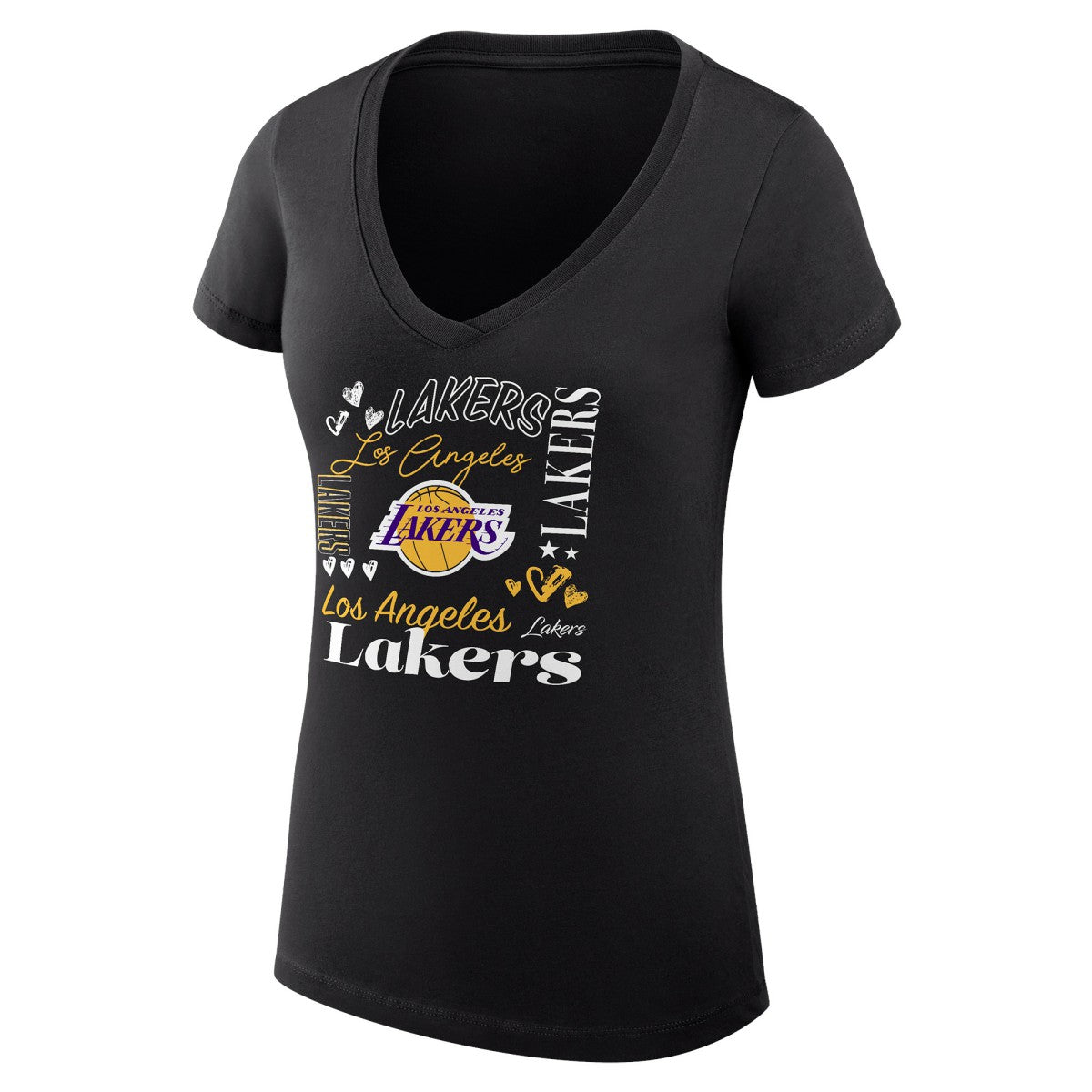 Black Los Angeles Lakers G-III 4Her by Carl Banks Women's Super-Slim Fit Lightweight Team Name Collage Graphic V-Neck T-Shirt | NBA