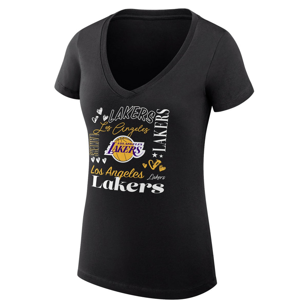 Black Los Angeles Lakers G-III 4Her by Carl Banks Women's Super-Slim Fit Lightweight Team Name Collage Graphic V-Neck T-Shirt | NBA