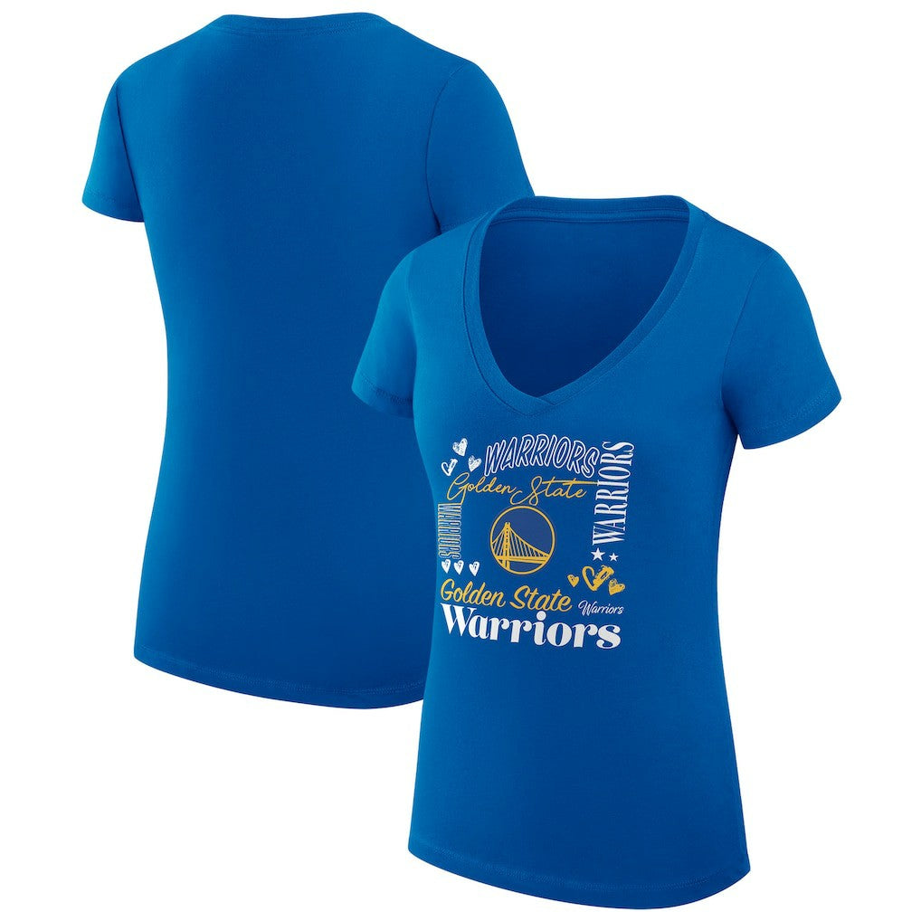 Royal Golden State Warriors G-III 4Her by Carl Banks Women's Super-Slim Fit Lightweight Team Name Collage Graphic V-Neck T-Shirt sale | NBA