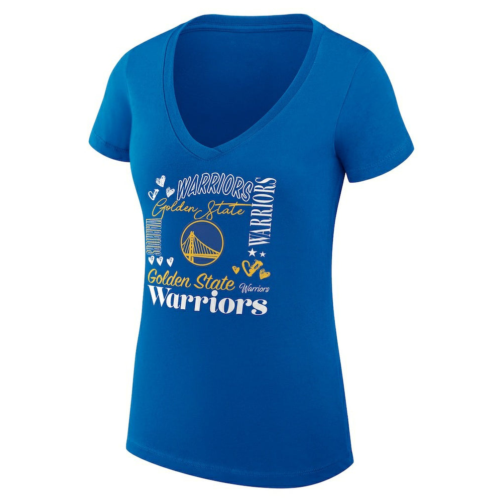Royal Golden State Warriors G-III 4Her by Carl Banks Women's Super-Slim Fit Lightweight Team Name Collage Graphic V-Neck T-Shirt sale | NBA