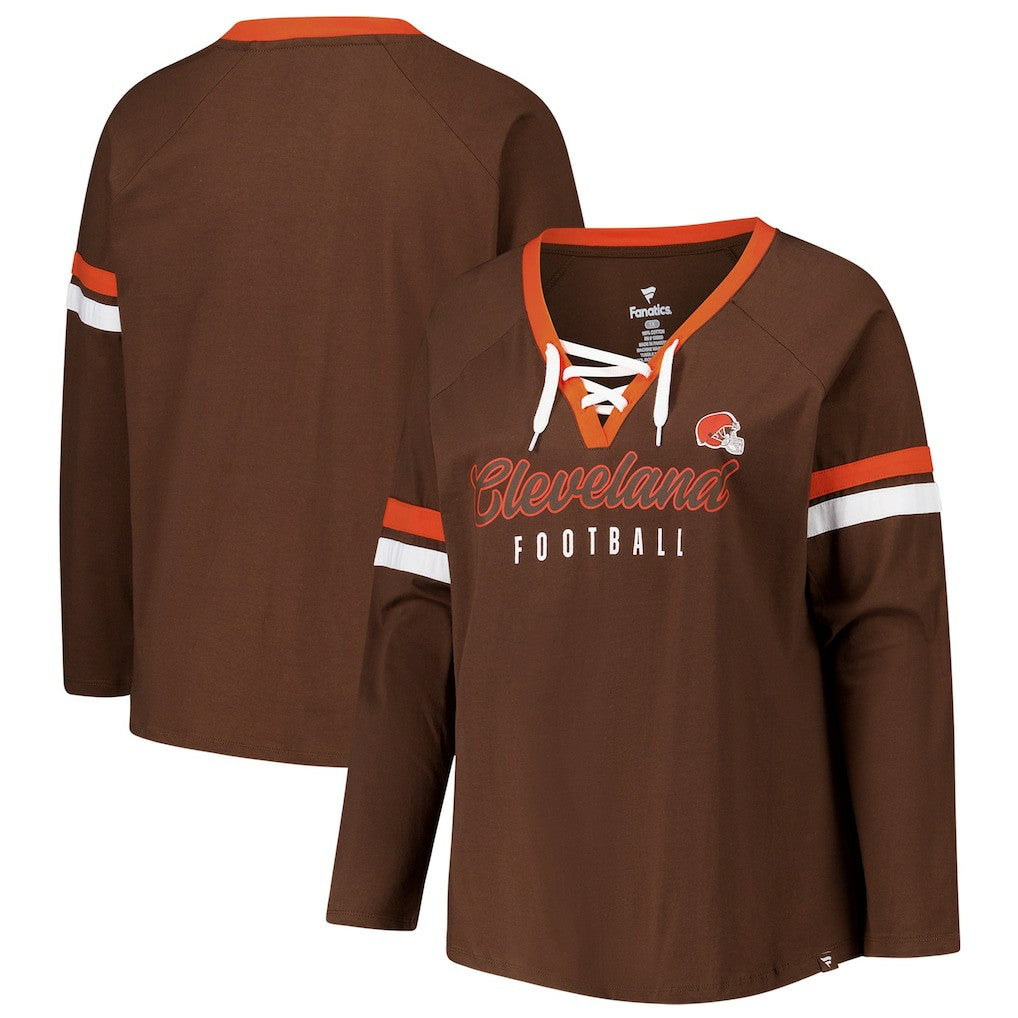 Cleveland Browns Women's Plus Size Won & Done Lace-Up V-Neck Long Sleeve T-Shirt | NFL On sale