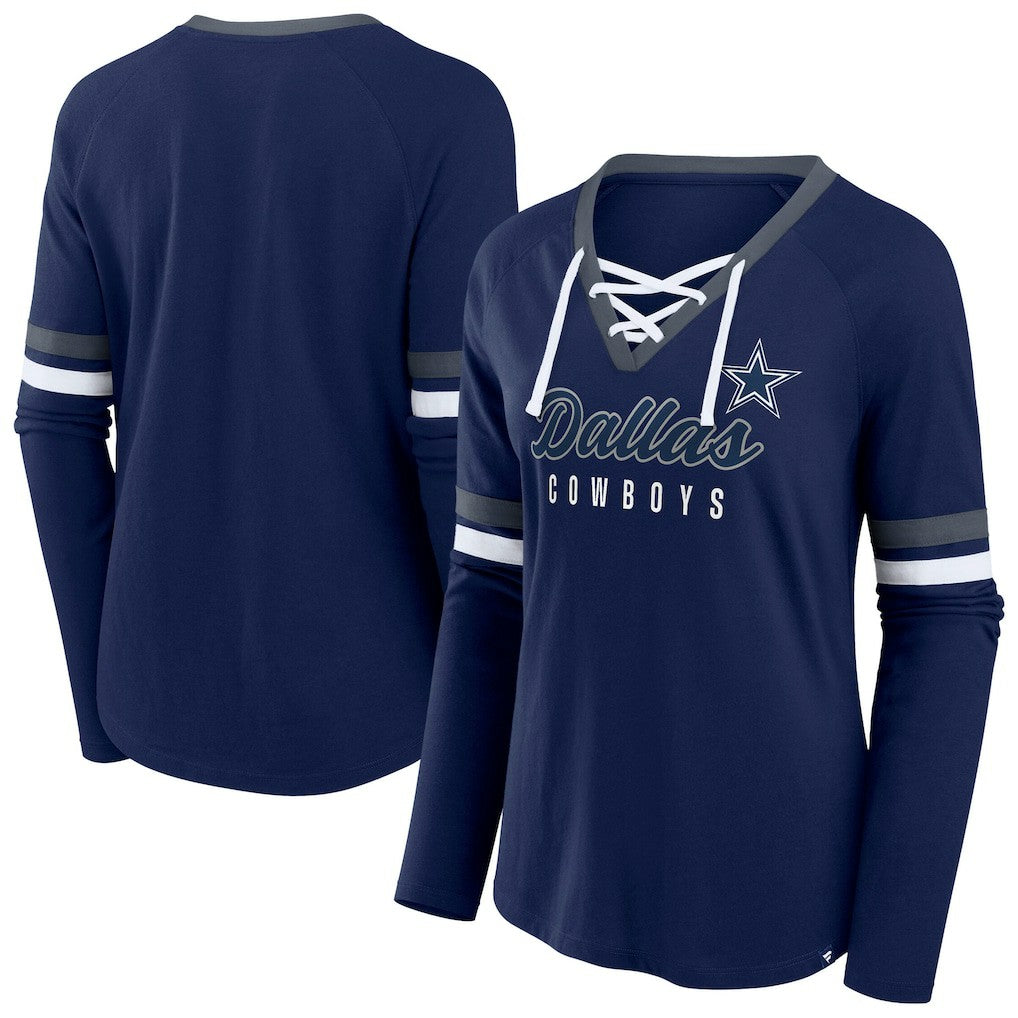 Dallas Cowboys Women's Plus Size Won & Done Lace-Up V-Neck Long Sleeve T-Shirt | NFL On sale