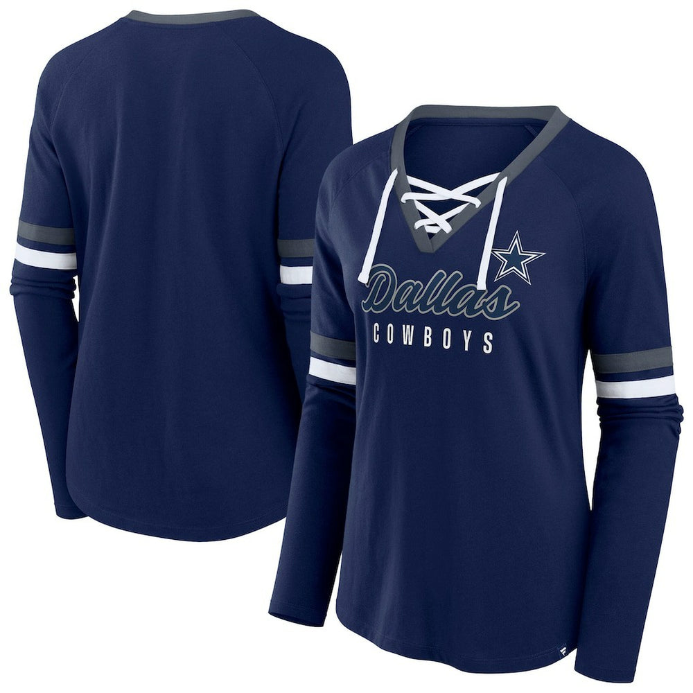Dallas Cowboys Women's Plus Size Won & Done Lace-Up V-Neck Long Sleeve T-Shirt | NFL On sale