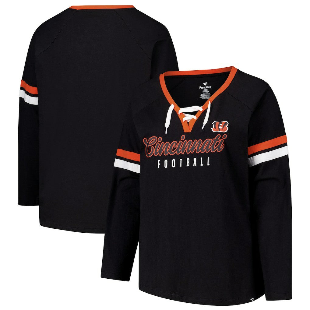 Cincinnati Bengals Women's Plus Size Won & Done Lace-Up V-Neck Long Sleeve T-Shirt | NFL Near me