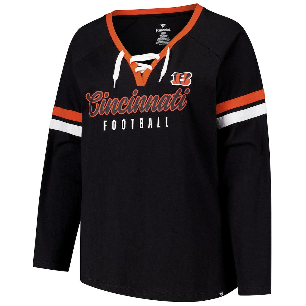 Cincinnati Bengals Women's Plus Size Won & Done Lace-Up V-Neck Long Sleeve T-Shirt | NFL Near me