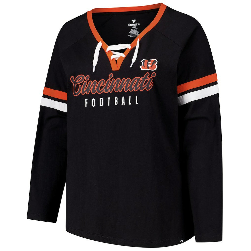 Cincinnati Bengals Women's Plus Size Won & Done Lace-Up V-Neck Long Sleeve T-Shirt | NFL Near me
