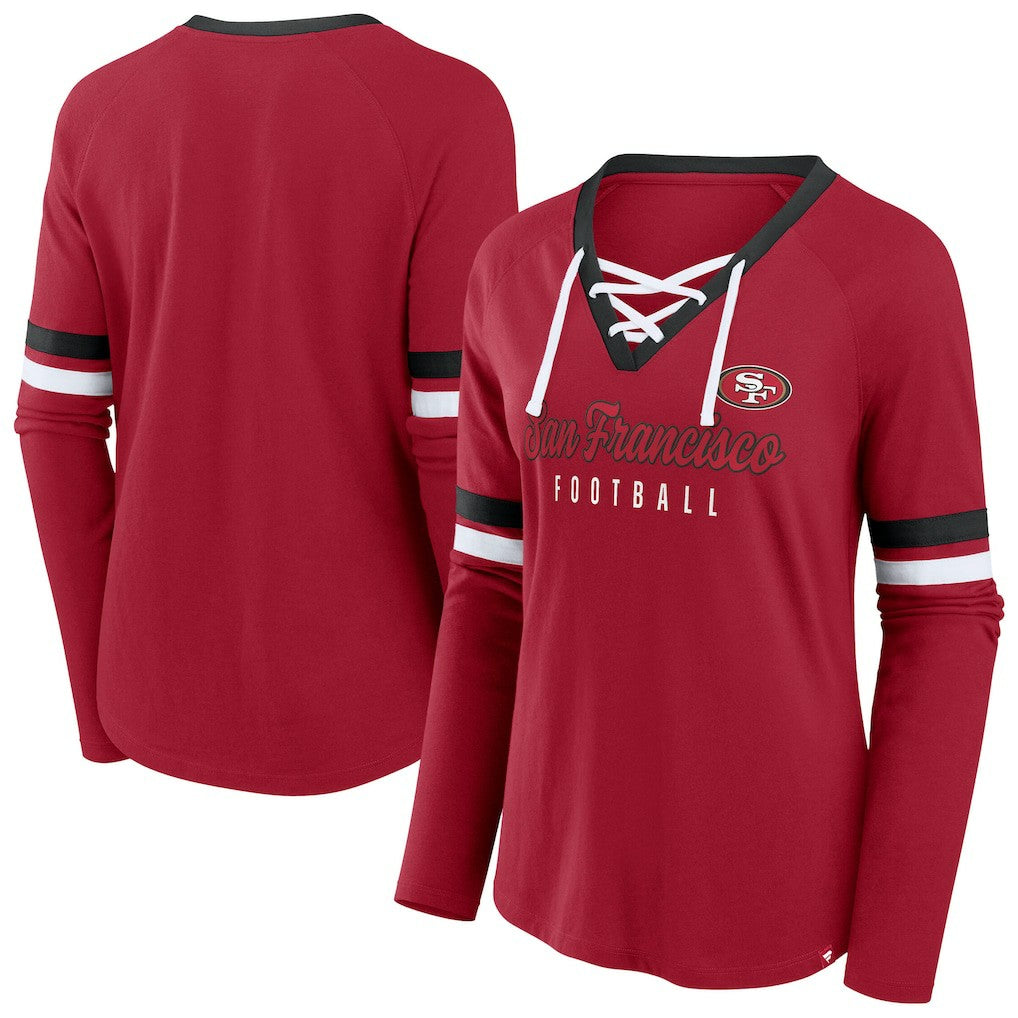 San Francisco 49ers Women's Plus Size Won & Done Lace-Up V-Neck Long Sleeve T-Shirt | NFL US