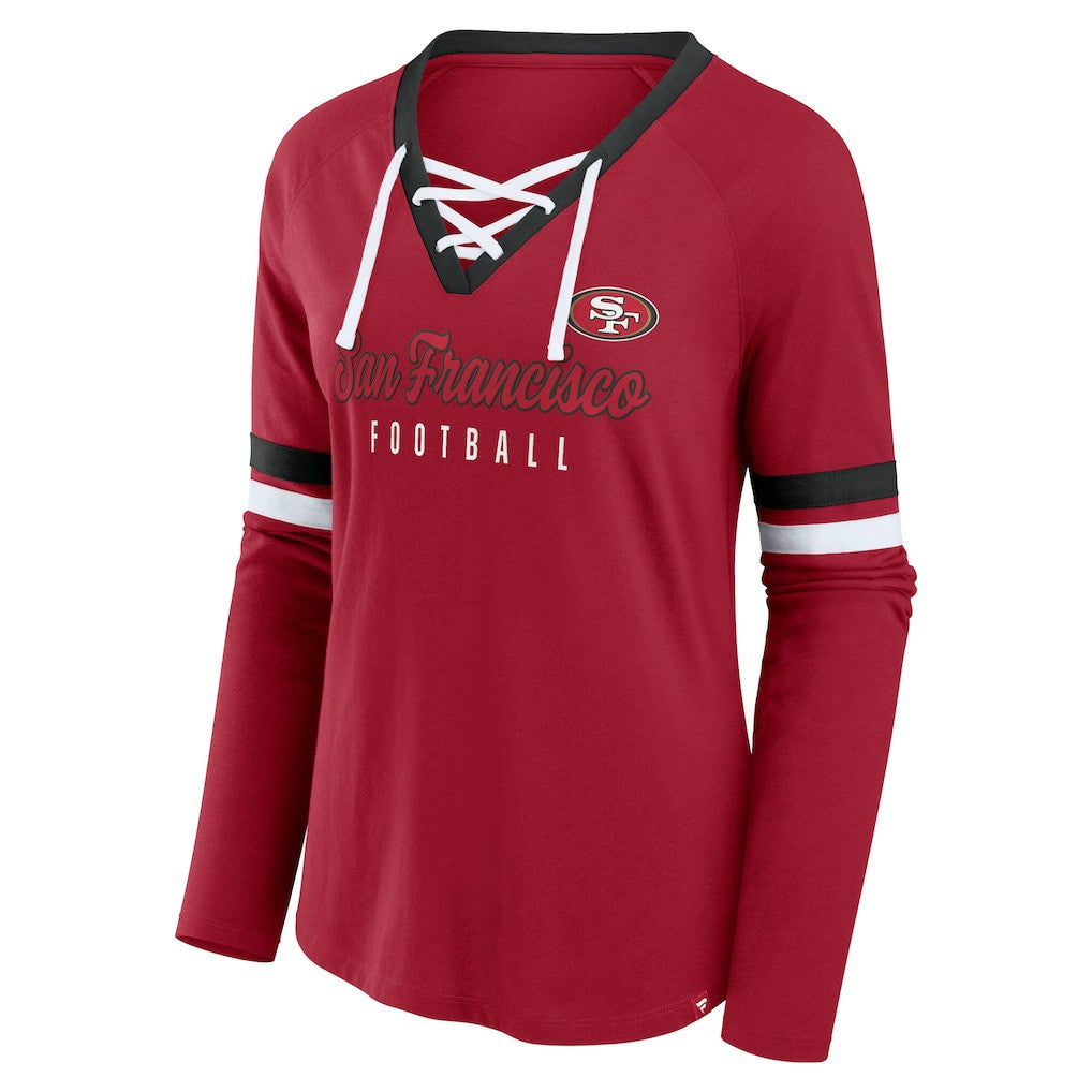 San Francisco 49ers Women's Plus Size Won & Done Lace-Up V-Neck Long Sleeve T-Shirt | NFL US
