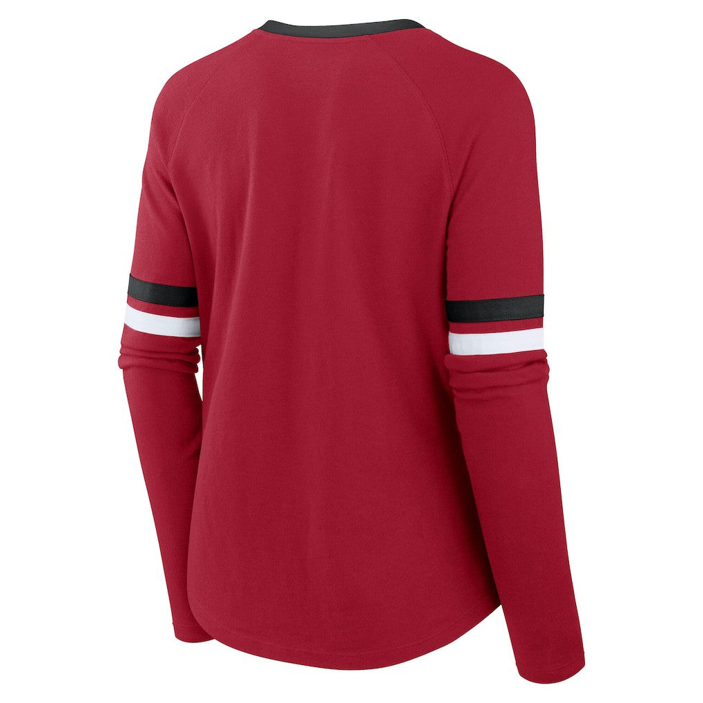San Francisco 49ers Women's Plus Size Won & Done Lace-Up V-Neck Long Sleeve T-Shirt | NFL US