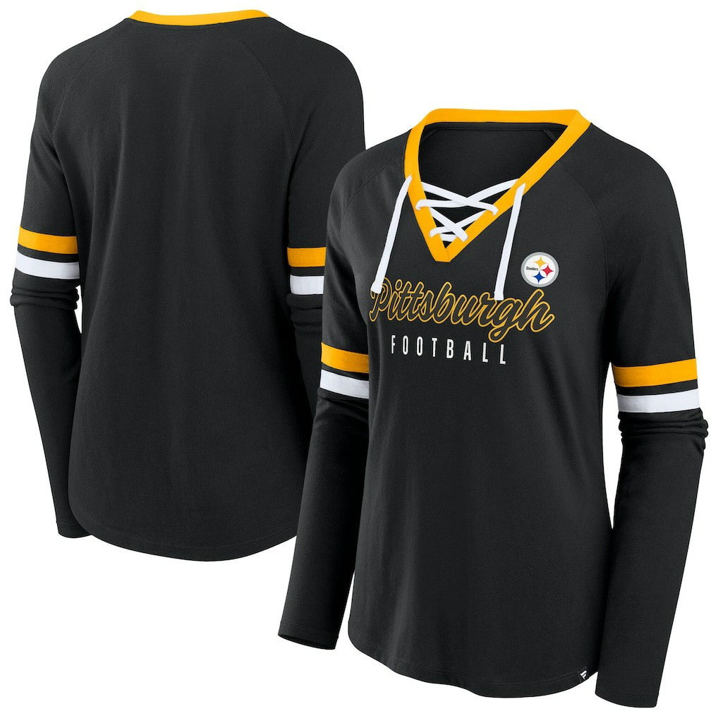 Pittsburgh Steelers Women's Plus Size Won & Done Lace-Up V-Neck Long Sleeve T-Shirt | NFL Hot