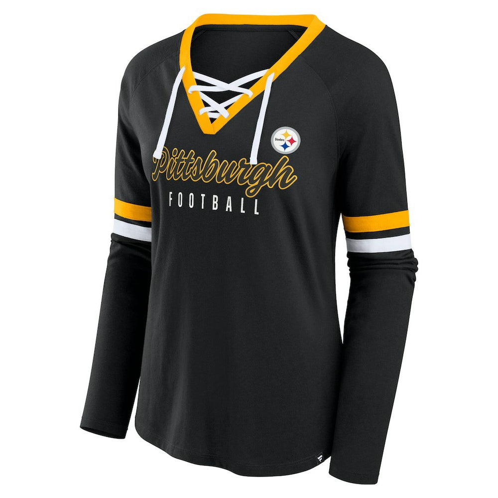 Pittsburgh Steelers Women's Plus Size Won & Done Lace-Up V-Neck Long Sleeve T-Shirt | NFL Hot