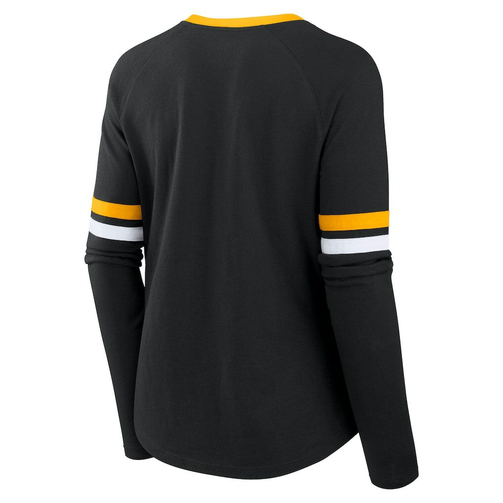 Pittsburgh Steelers Women's Plus Size Won & Done Lace-Up V-Neck Long Sleeve T-Shirt | NFL Hot