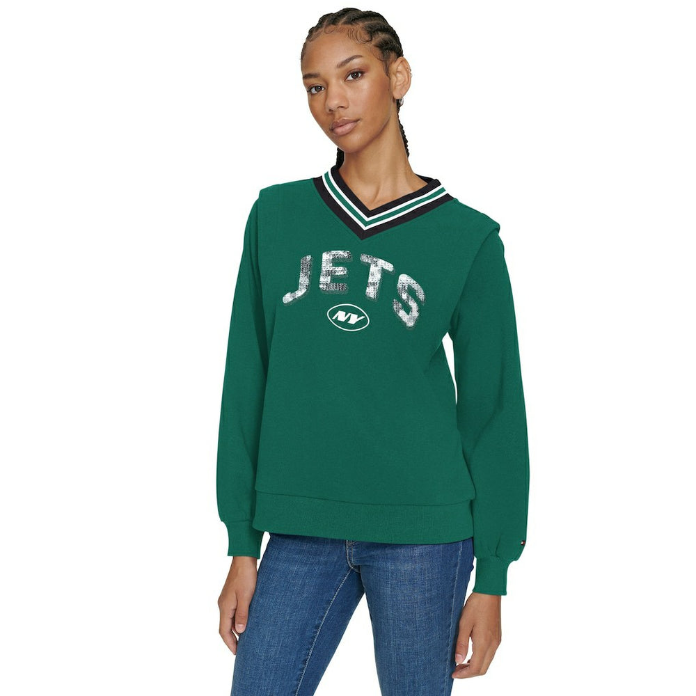 New York Jets Tommy Hilfiger Women's Alice V-Neck Pullover Sweatshirt | NFL Discount