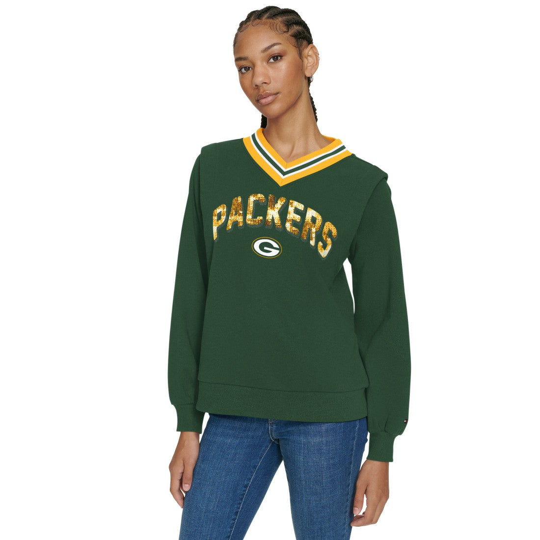Green Bay Packers Tommy Hilfiger Women's Alice V-Neck Pullover Sweatshirt | NFL On sale