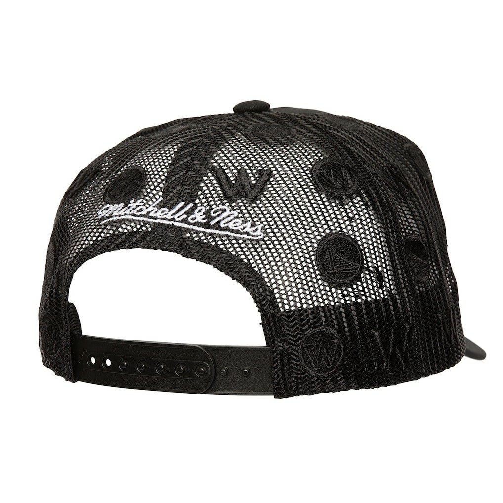 Black Golden State Warriors Monogram Allover Logo Mesh Trucker Adjustable Hat sale | NBA