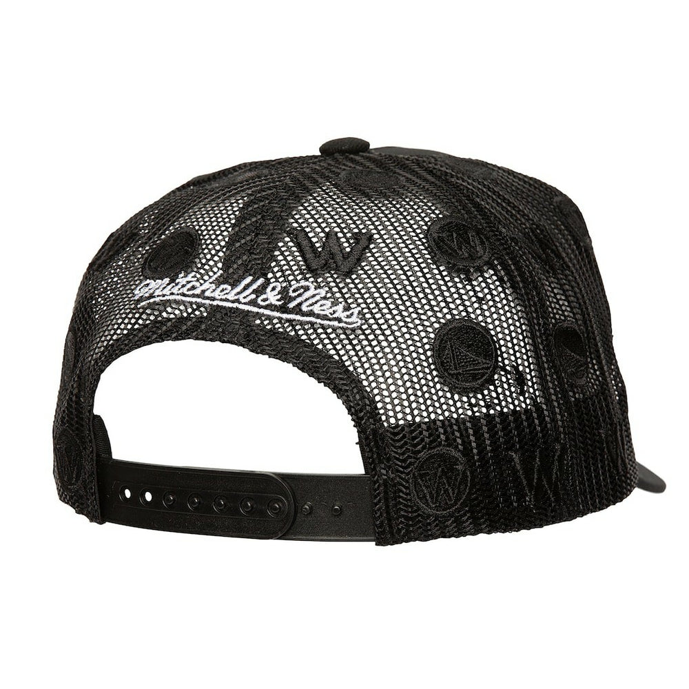 Black Golden State Warriors Monogram Allover Logo Mesh Trucker Adjustable Hat sale | NBA