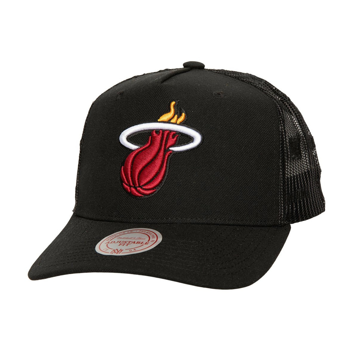 Black Miami Heat Monogram Allover Logo Mesh Trucker Adjustable Hat | NBA