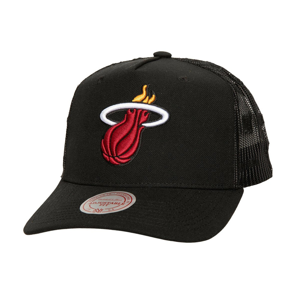 Black Miami Heat Monogram Allover Logo Mesh Trucker Adjustable Hat | NBA