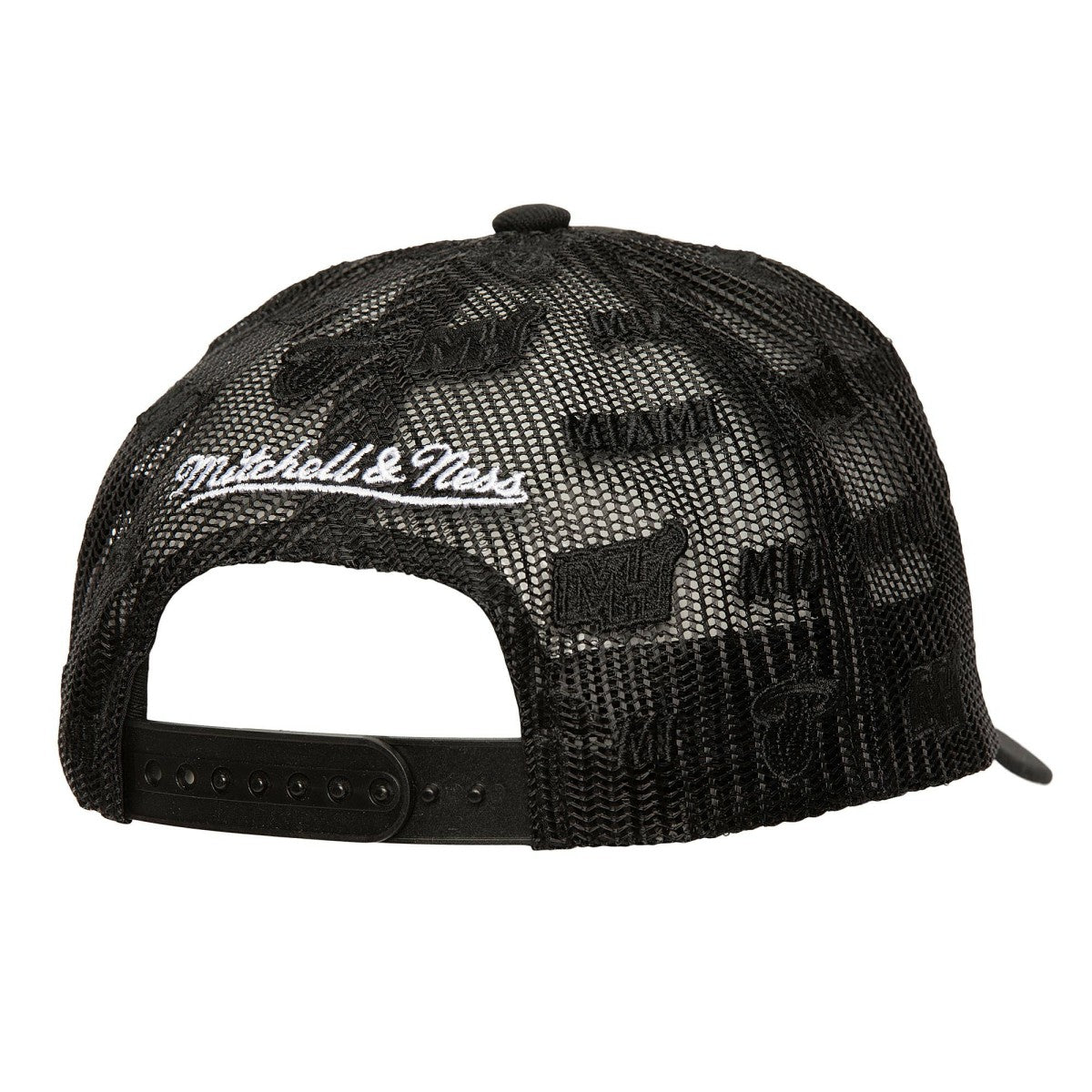 Black Miami Heat Monogram Allover Logo Mesh Trucker Adjustable Hat | NBA
