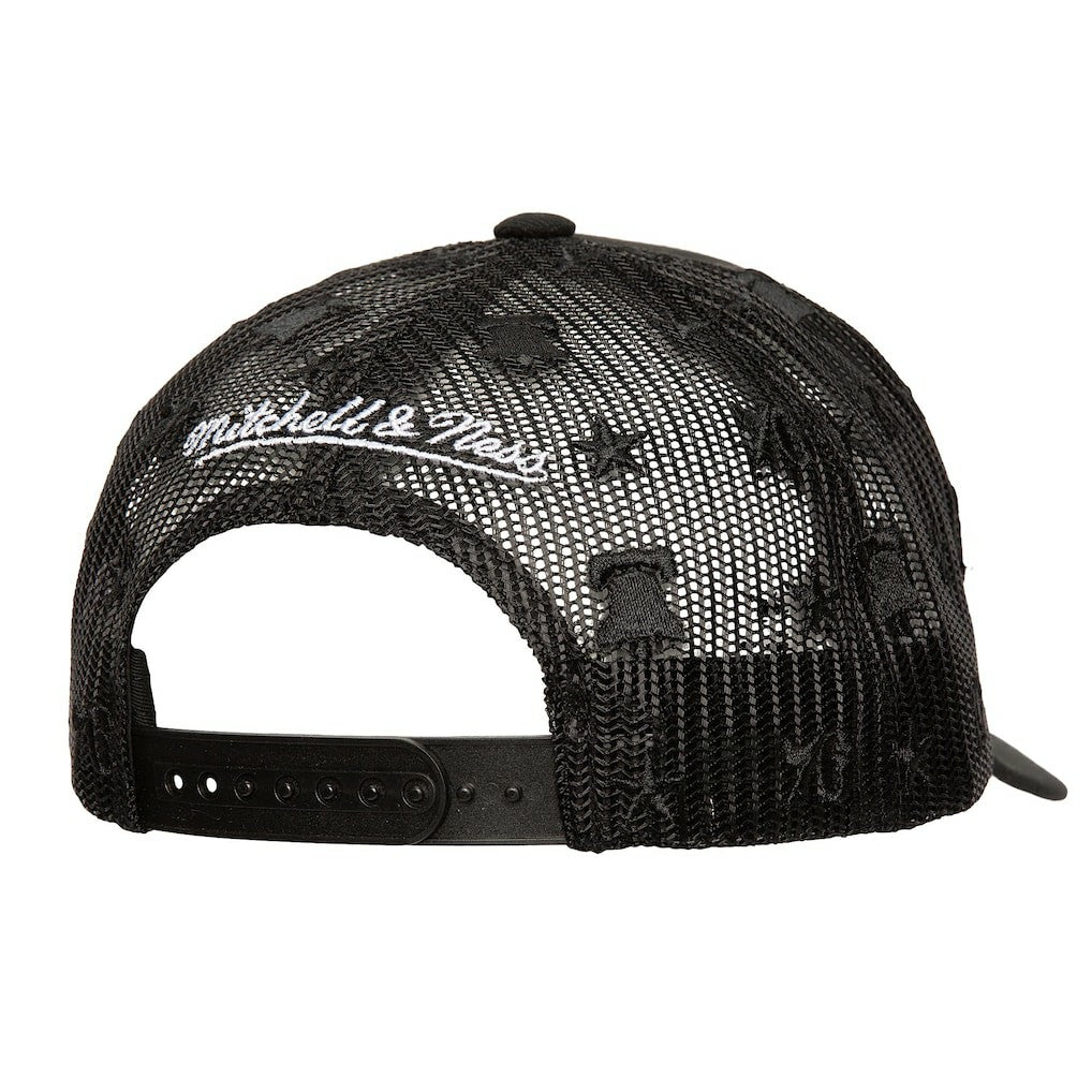 Black Philadelphia 76ers Monogram Allover Logo Mesh Trucker Adjustable Hat | NBA