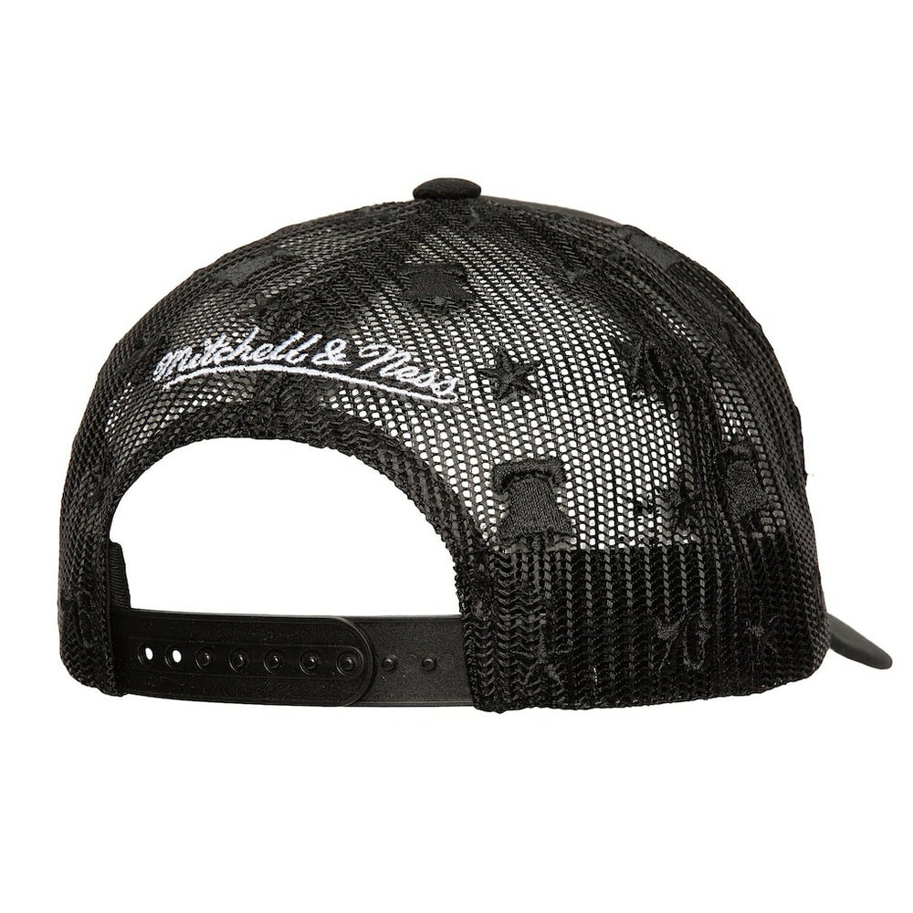 Black Philadelphia 76ers Monogram Allover Logo Mesh Trucker Adjustable Hat | NBA