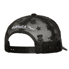Black Philadelphia 76ers Monogram Allover Logo Mesh Trucker Adjustable Hat | NBA