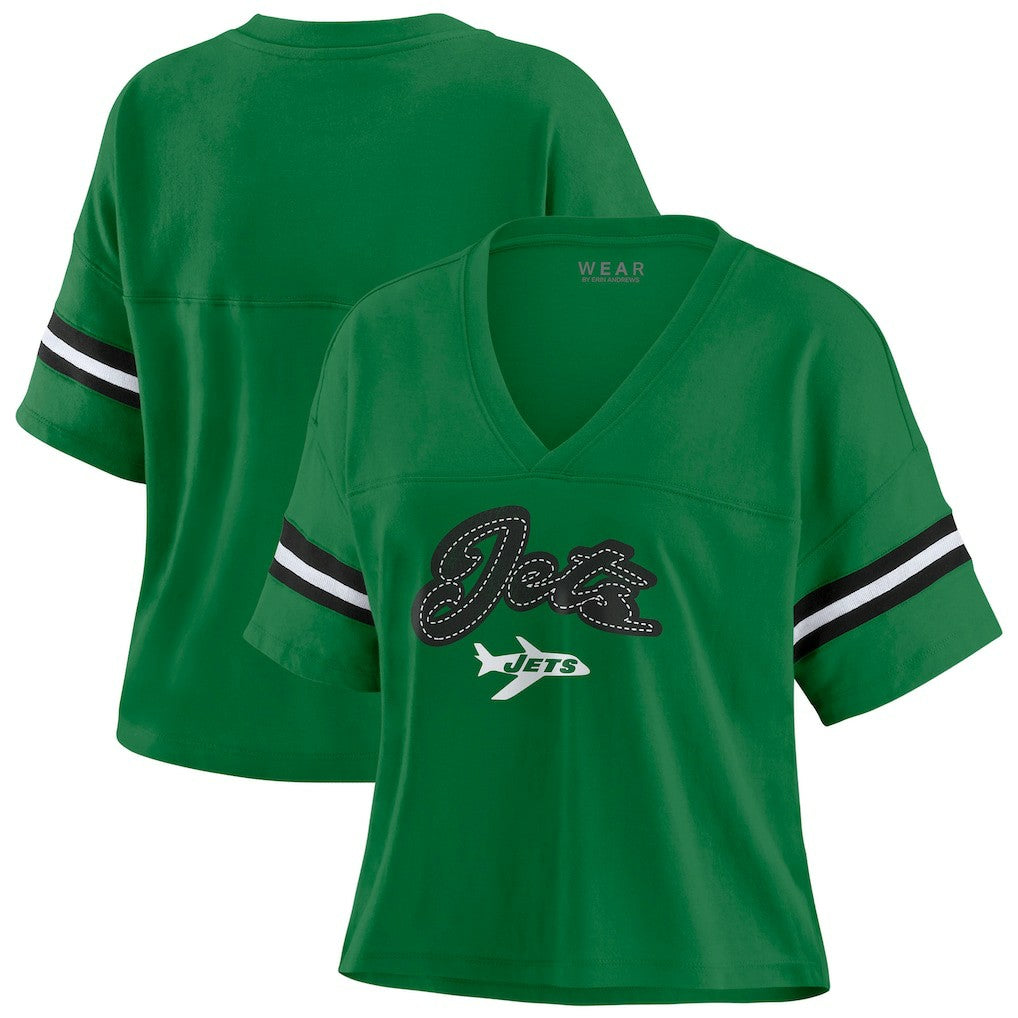 New York Jets WEAR by Erin Andrews Women's Color Block Boxy V-Neck T-Shirt | NFL Hot