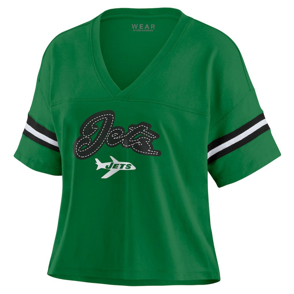 New York Jets WEAR by Erin Andrews Women's Color Block Boxy V-Neck T-Shirt | NFL Hot