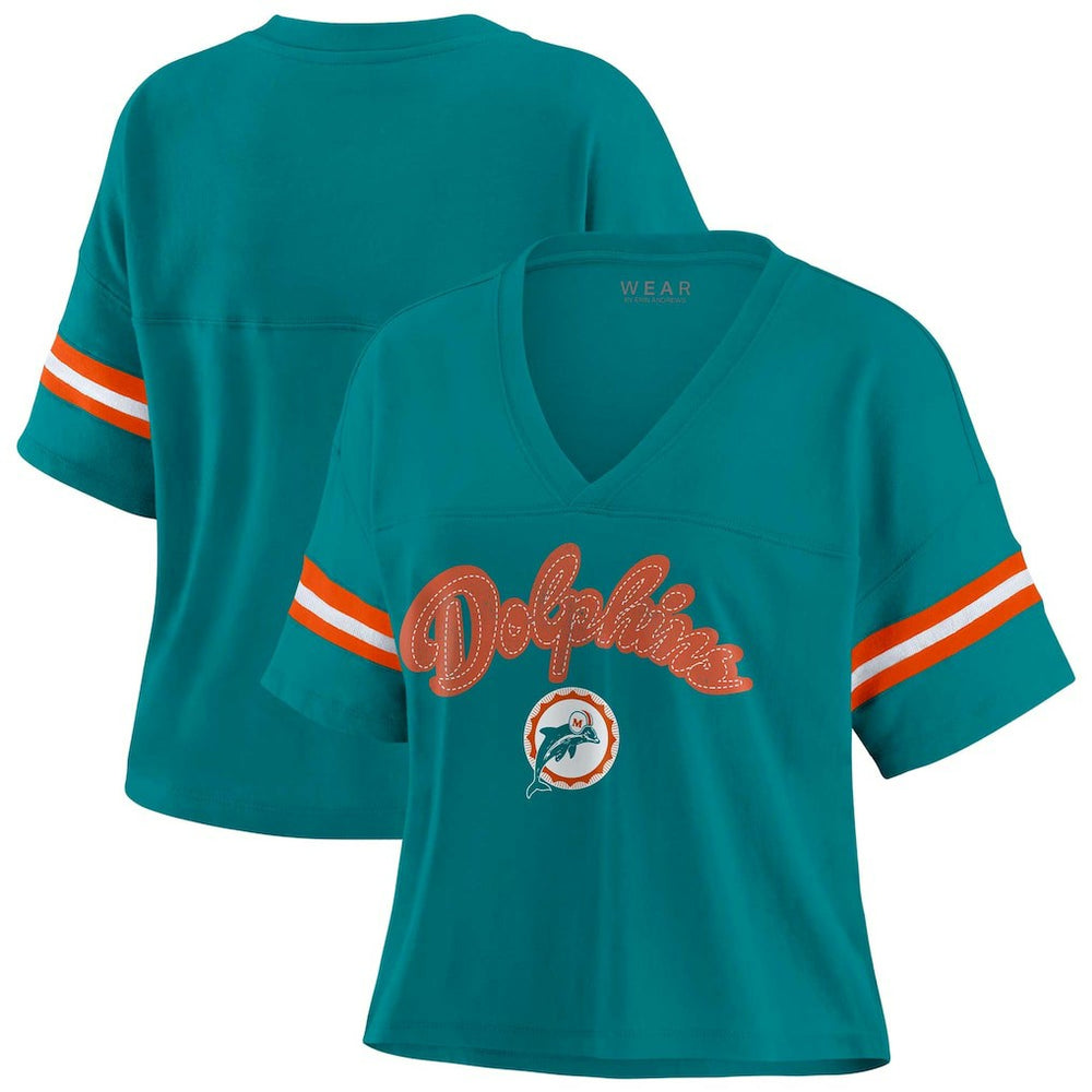 Miami Dolphins WEAR by Erin Andrews Women's Plus Size Color Block Boxy V-Neck T-Shirt | NFL US