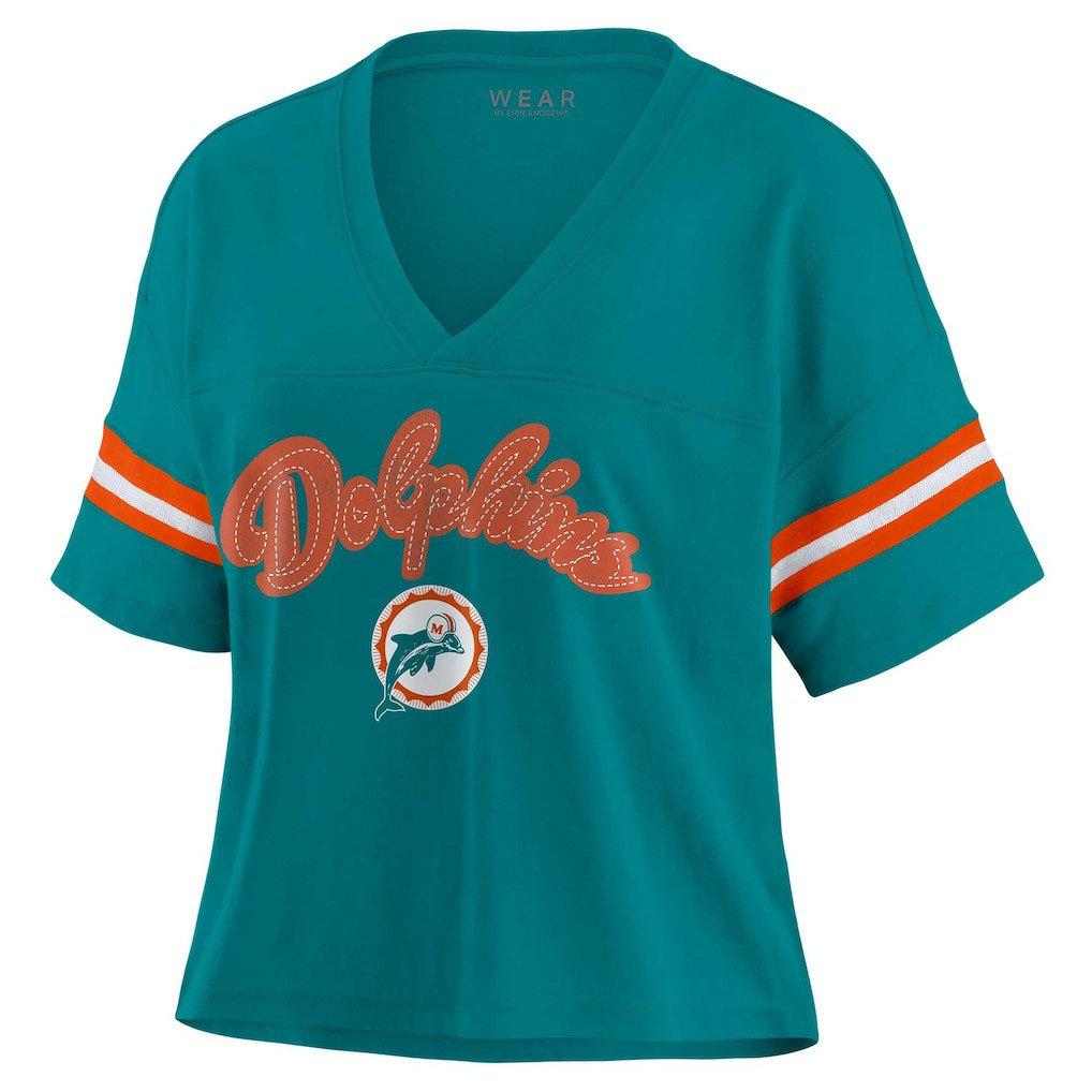 Miami Dolphins WEAR by Erin Andrews Women's Plus Size Color Block Boxy V-Neck T-Shirt | NFL US