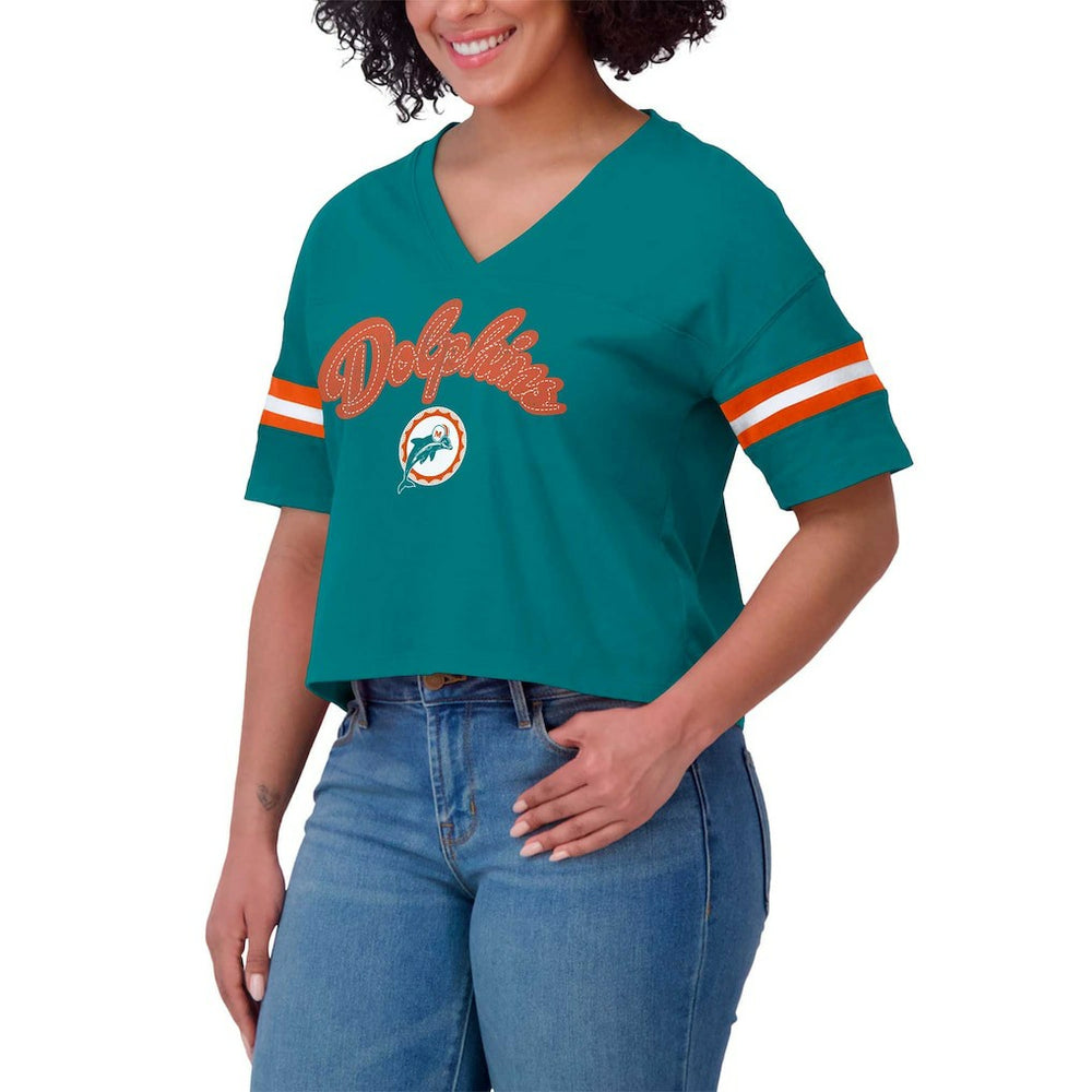 Miami Dolphins WEAR by Erin Andrews Women's Plus Size Color Block Boxy V-Neck T-Shirt | NFL US