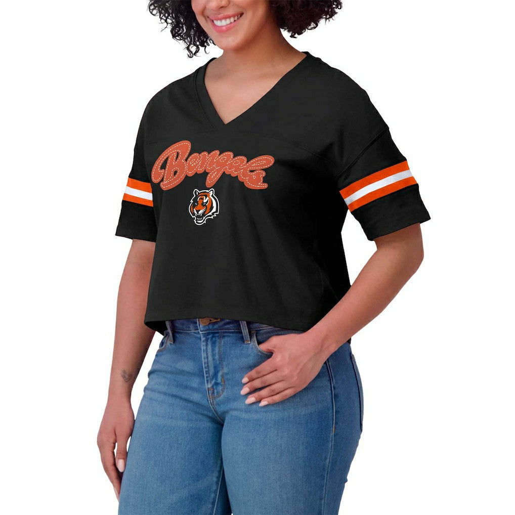 Cincinnati Bengals WEAR by Erin Andrews Women's Plus Size Color Block Boxy V-Neck T-Shirt | NFL Sale