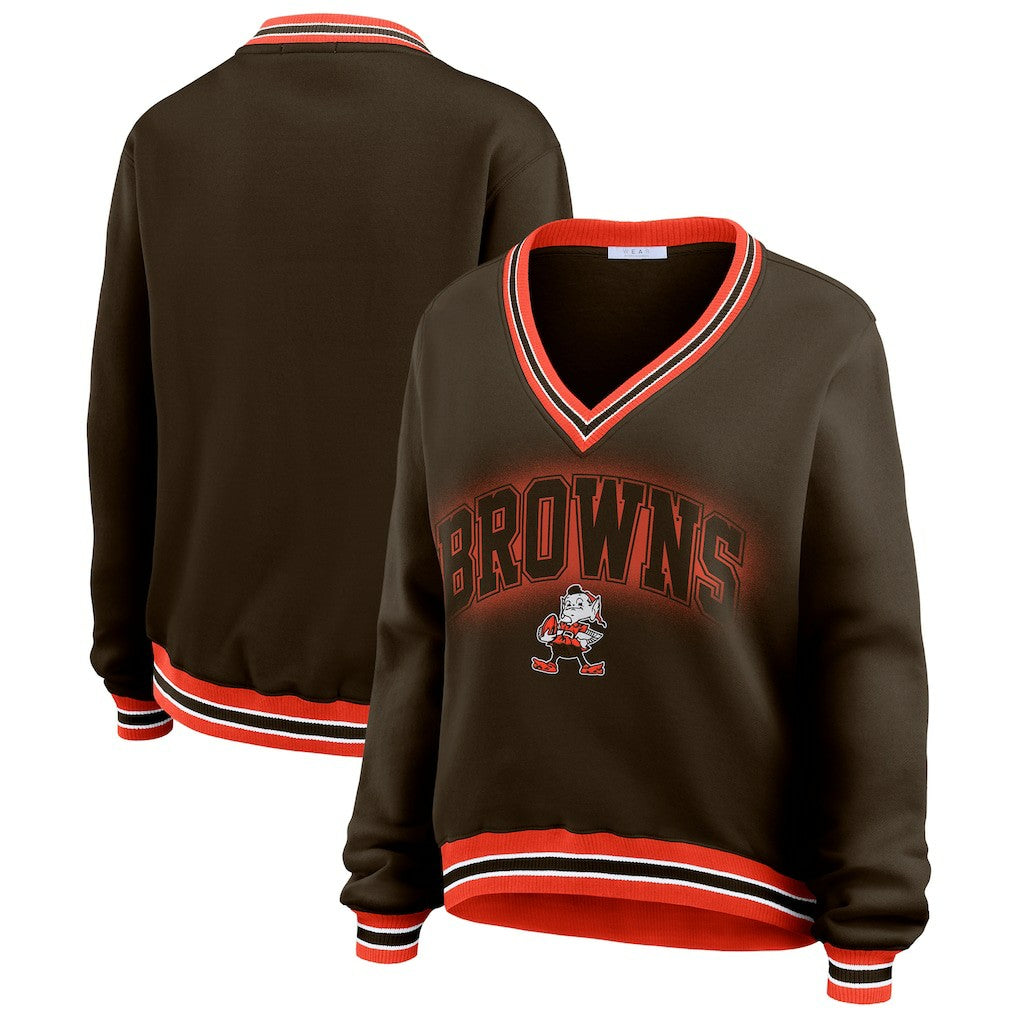 Cleveland Browns WEAR by Erin Andrews Women's Oversized Long Sleeve V-Neck Sweatshirt | NFL Outlet