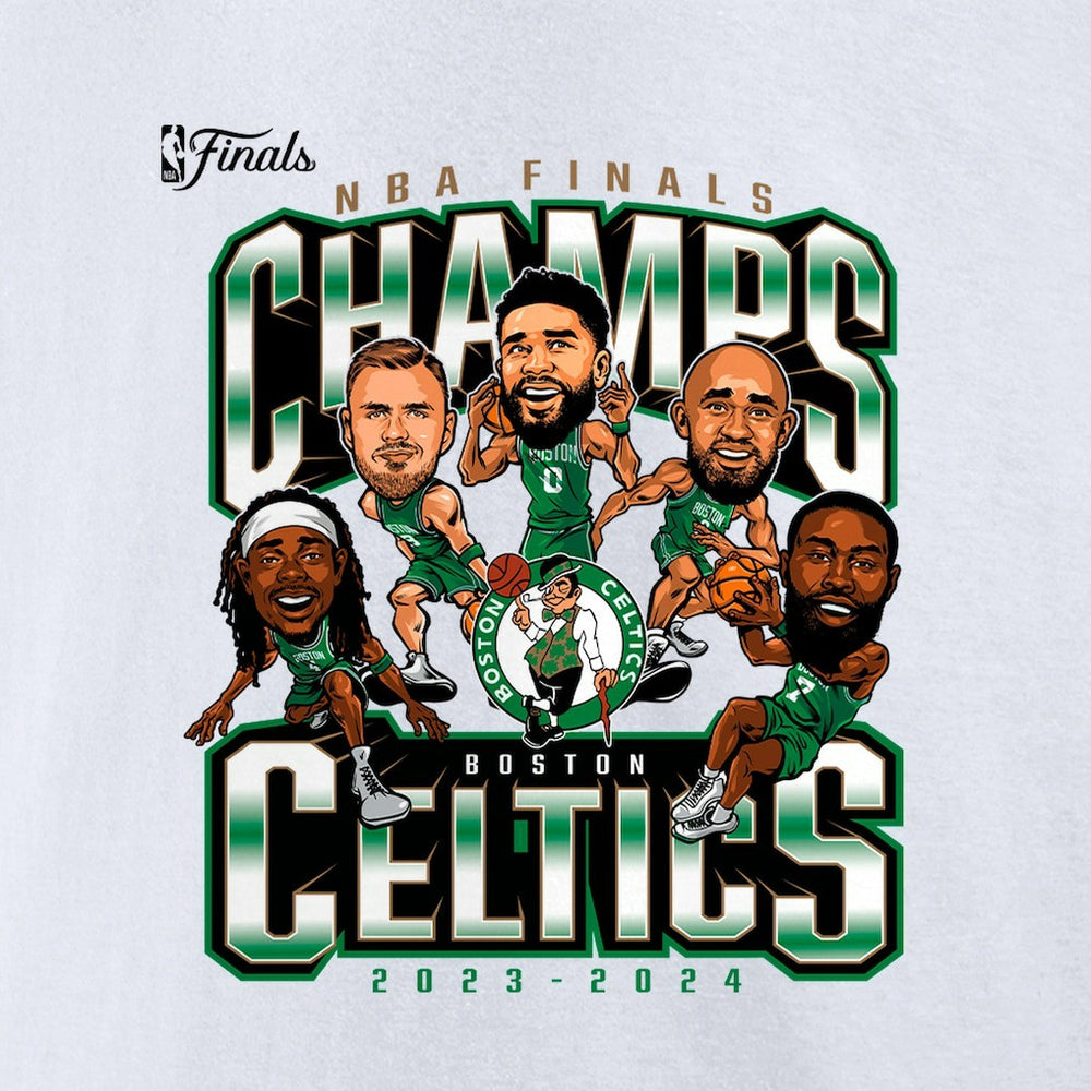 White Boston Celtics 2024 NBA Finals Champions Pull Up Jumper Caricature T-Shirt | NBA
